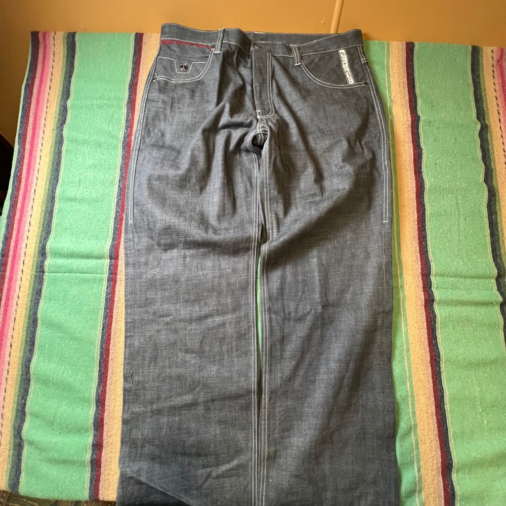 Parish Nation Jeans Mens 40 Gray Raw Denim Baggy Wide Leg Contrast Stitch Y2K